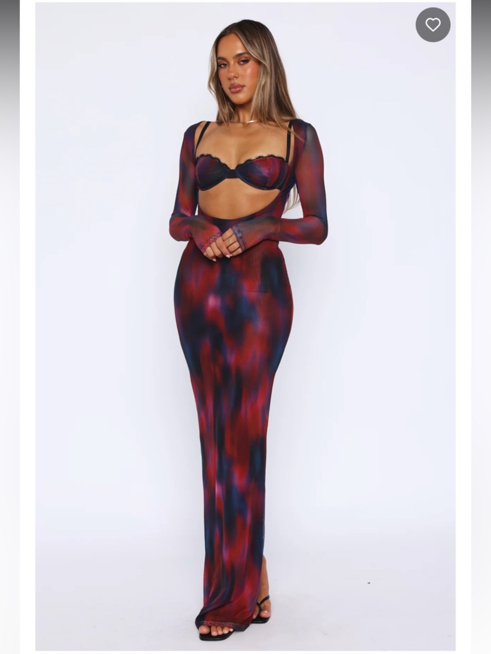 White Fox Boutique Red and Navy Tie-Dye Maxi Dress with Cutout Top